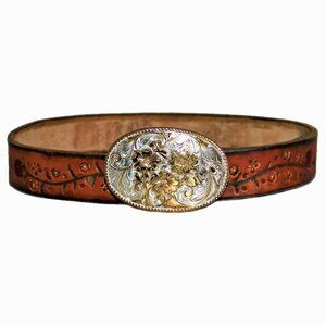 Leather Belt with Roses Butterflies Silver & Gold Buckle "Bonnie" Waist 27.5"